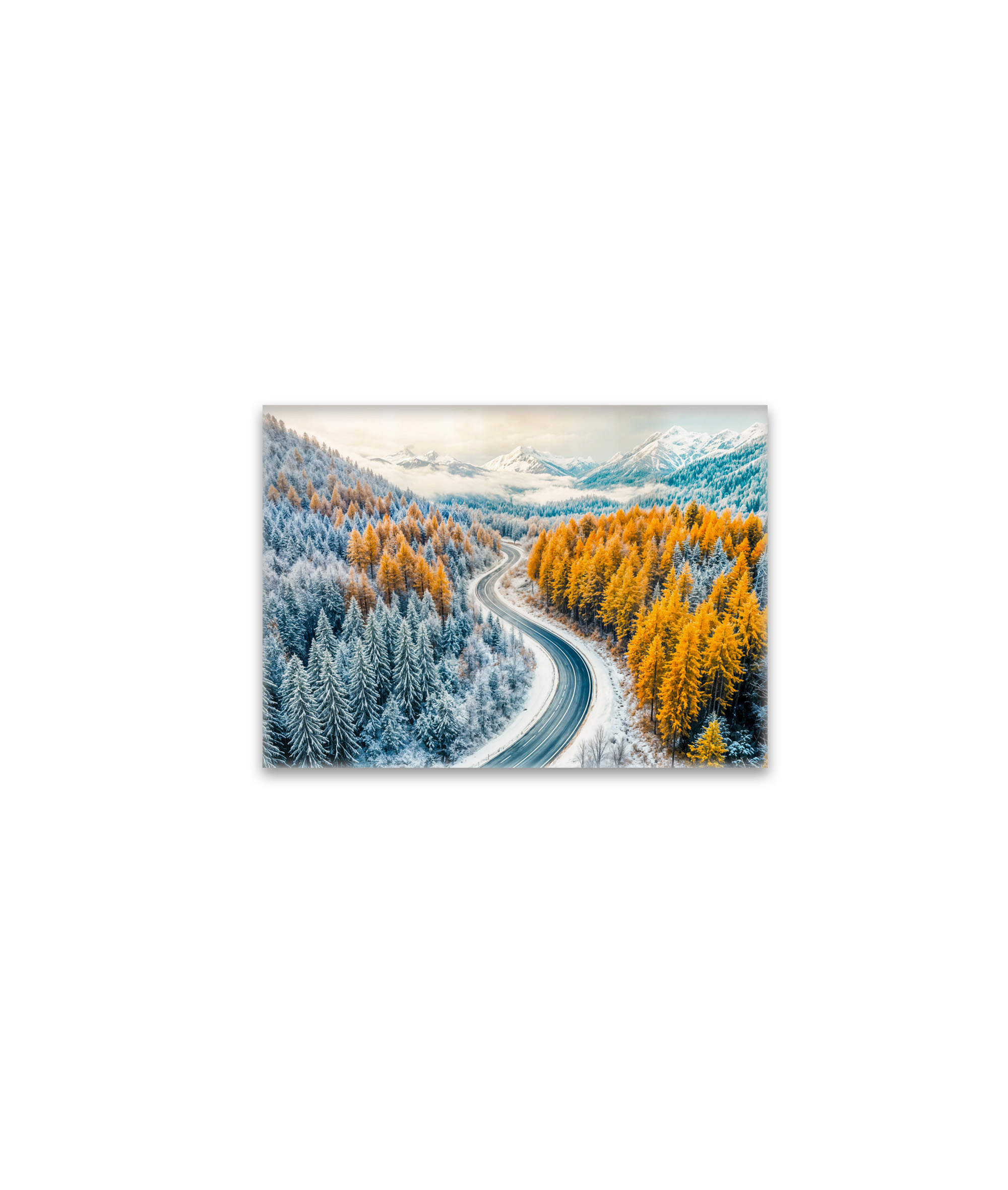 raxxa Glas-Magnet: Winter Roads Through Mountain Forest with Orange Larches