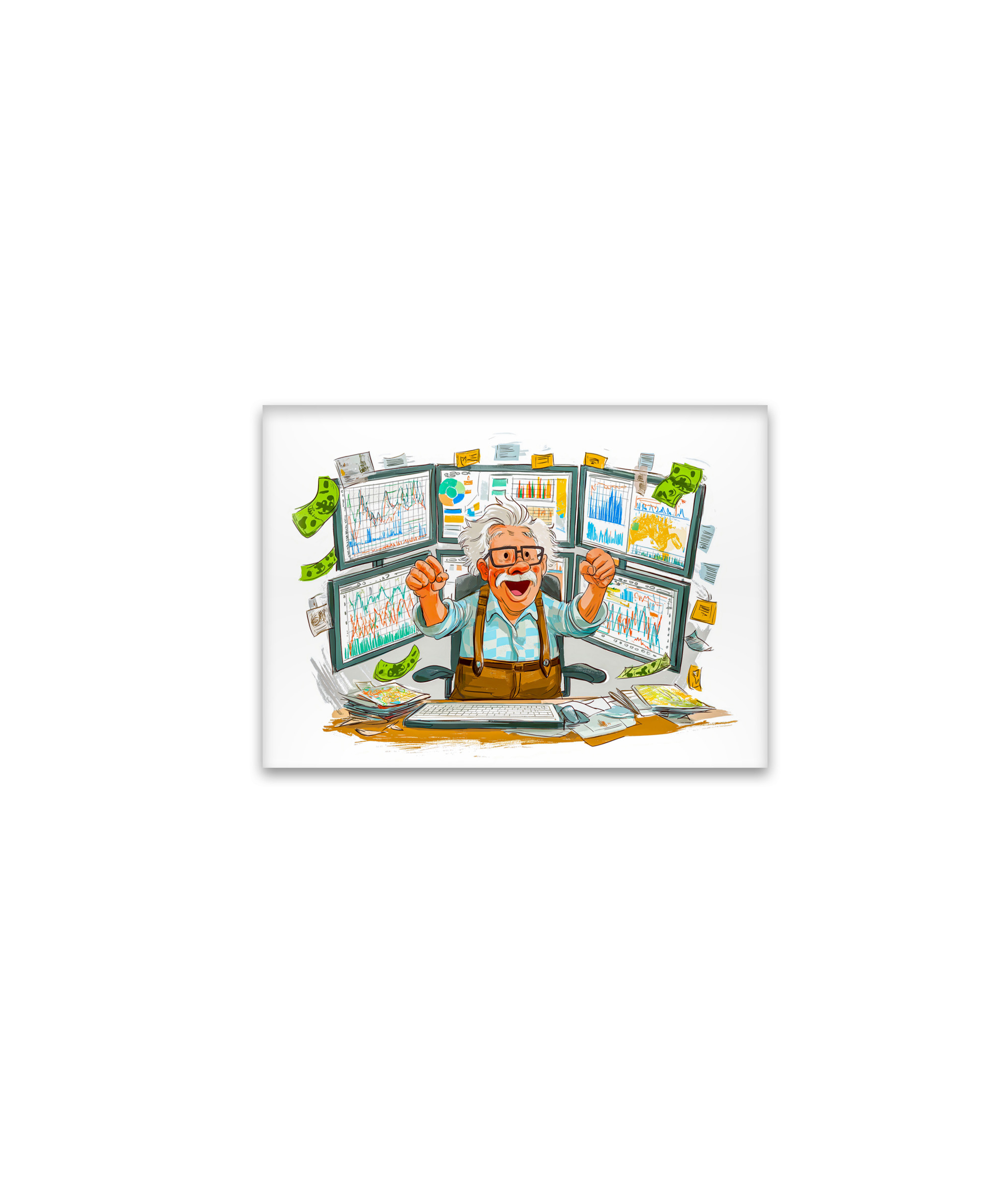 raxxa Glas-Magnet: Elderly man celebrating stock market success joyfully