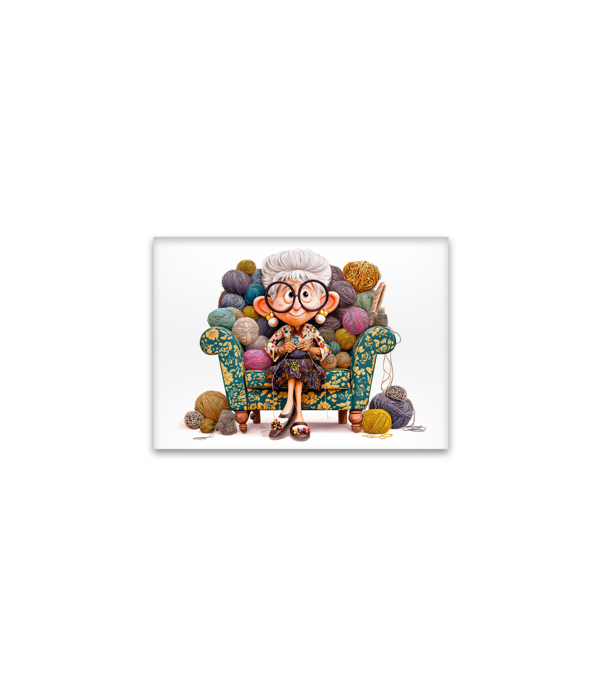 raxxa Glas-Magnet: Elderly woman knitting happily surrounded by yarn balls