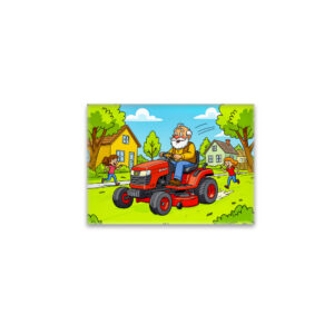 raxxa Glas-Magnet: Grandpa mowing the lawn on a ride-on tractor