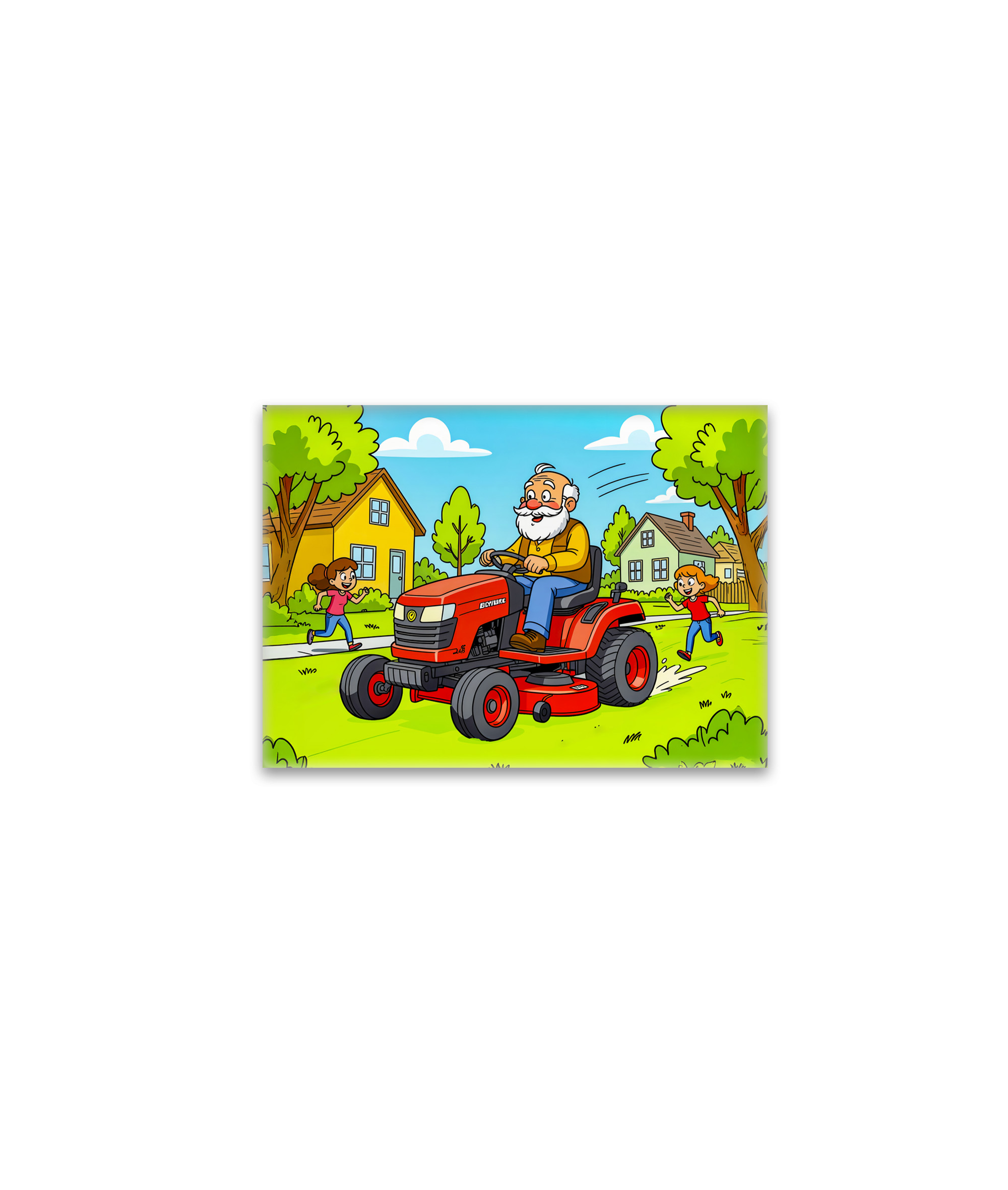 raxxa Glas-Magnet: Grandpa mowing the lawn on a ride-on tractor