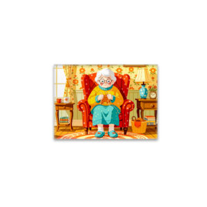 raxxa Glas-Magnet: Grandmother knitting in Armchair – Illustration