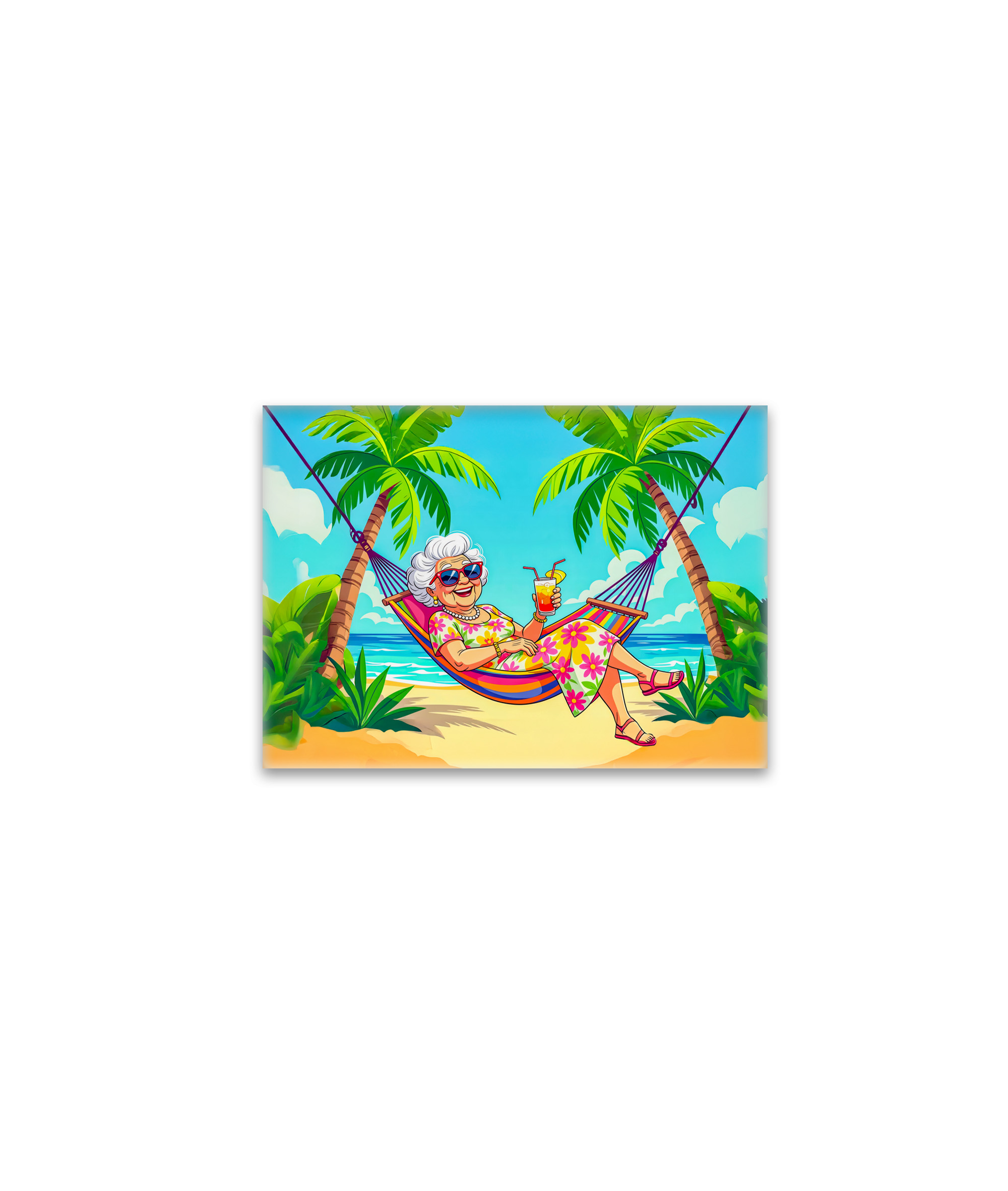 raxxa Glas-Magnet: Grandmother in Hammock with Cocktail Illustration