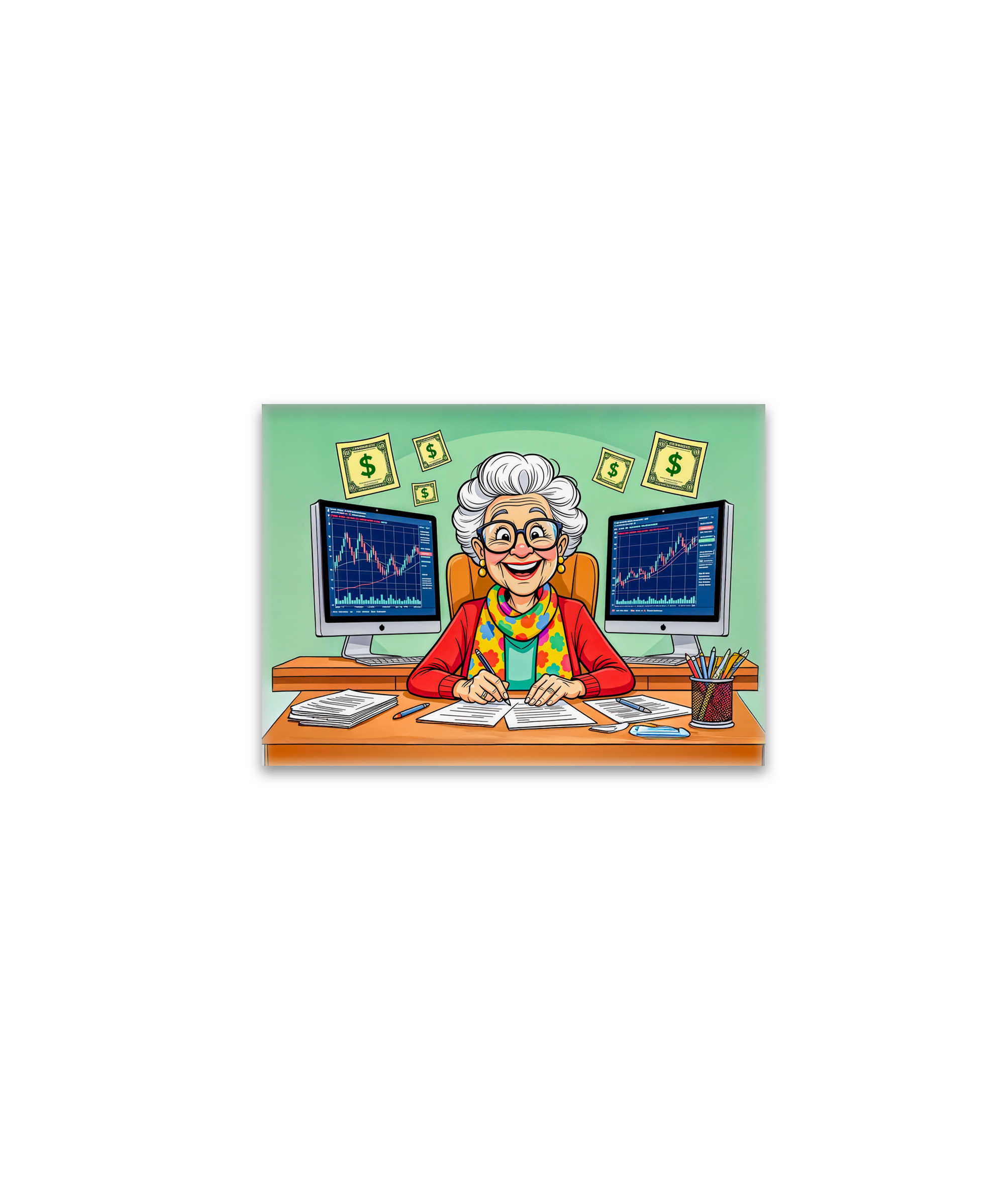 raxxa Glas-Magnet: Grandmother Stock Trading Illustration