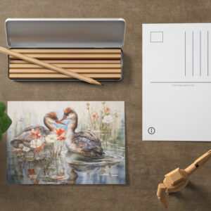 raxxa Postkarte: Two grebes among white pond plants
