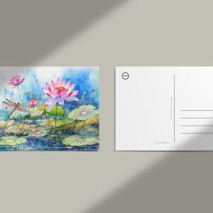 raxxa Postkarte: Dragonfly flying through pink water lilies