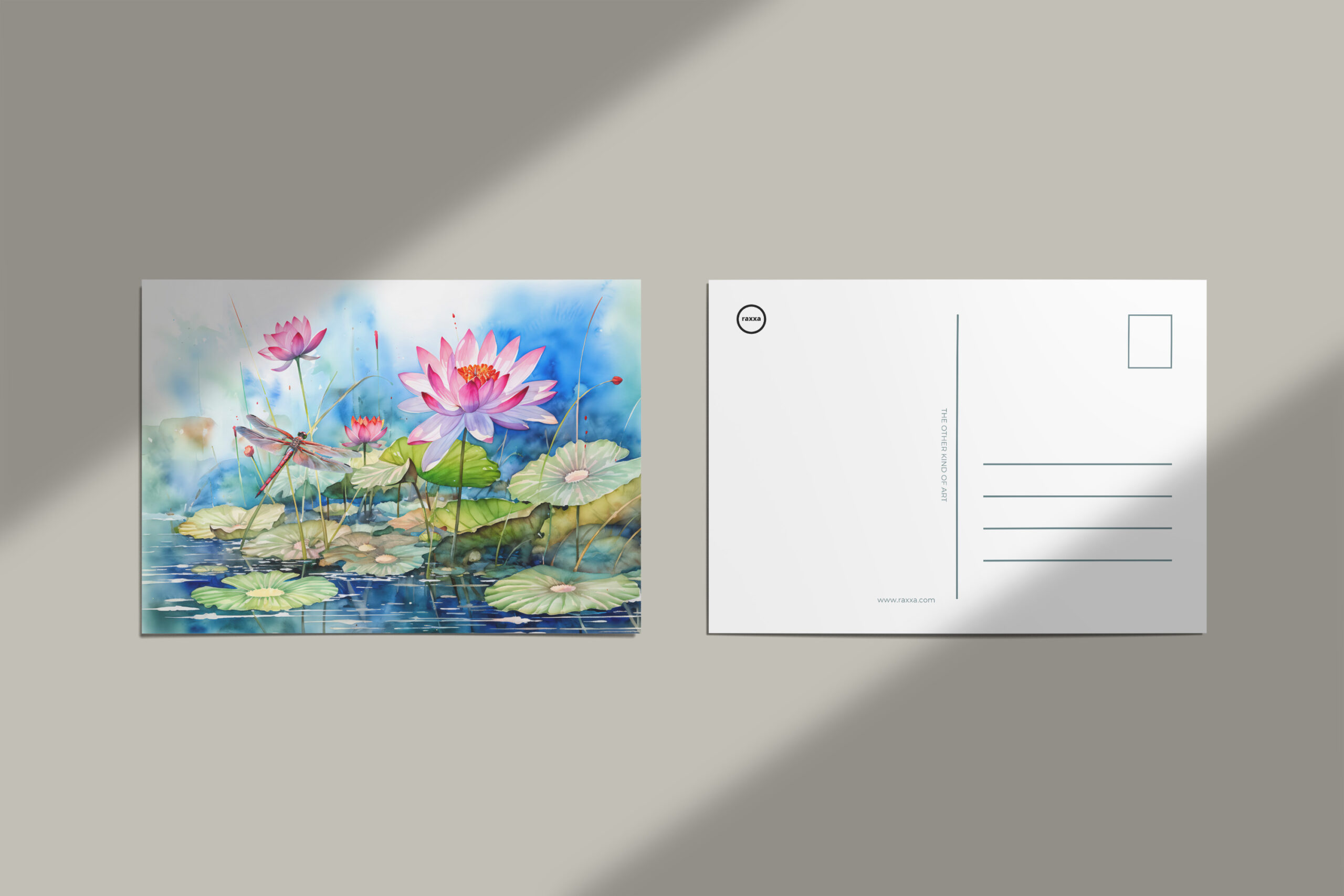 raxxa Postkarte: Dragonfly flying through pink water lilies