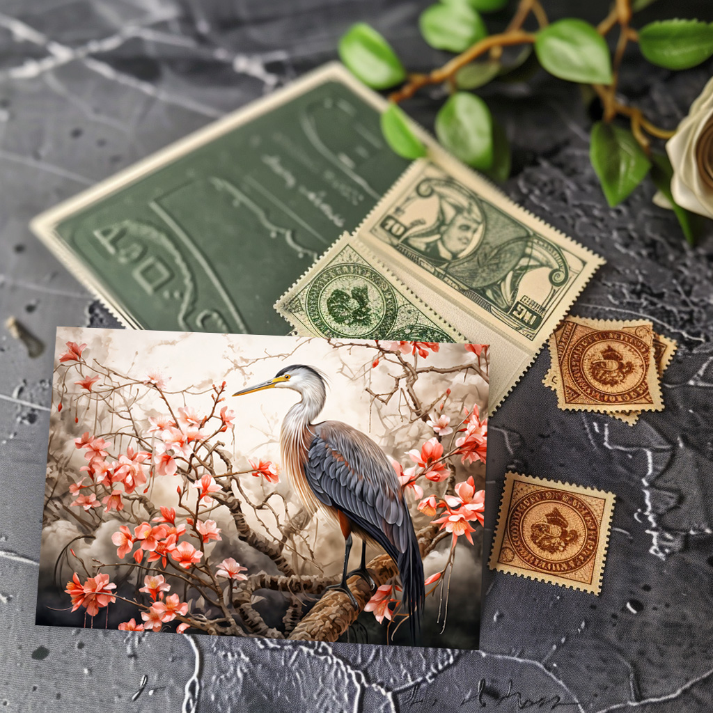 raxxa Postkarte: Heron in red foliage pond illustration