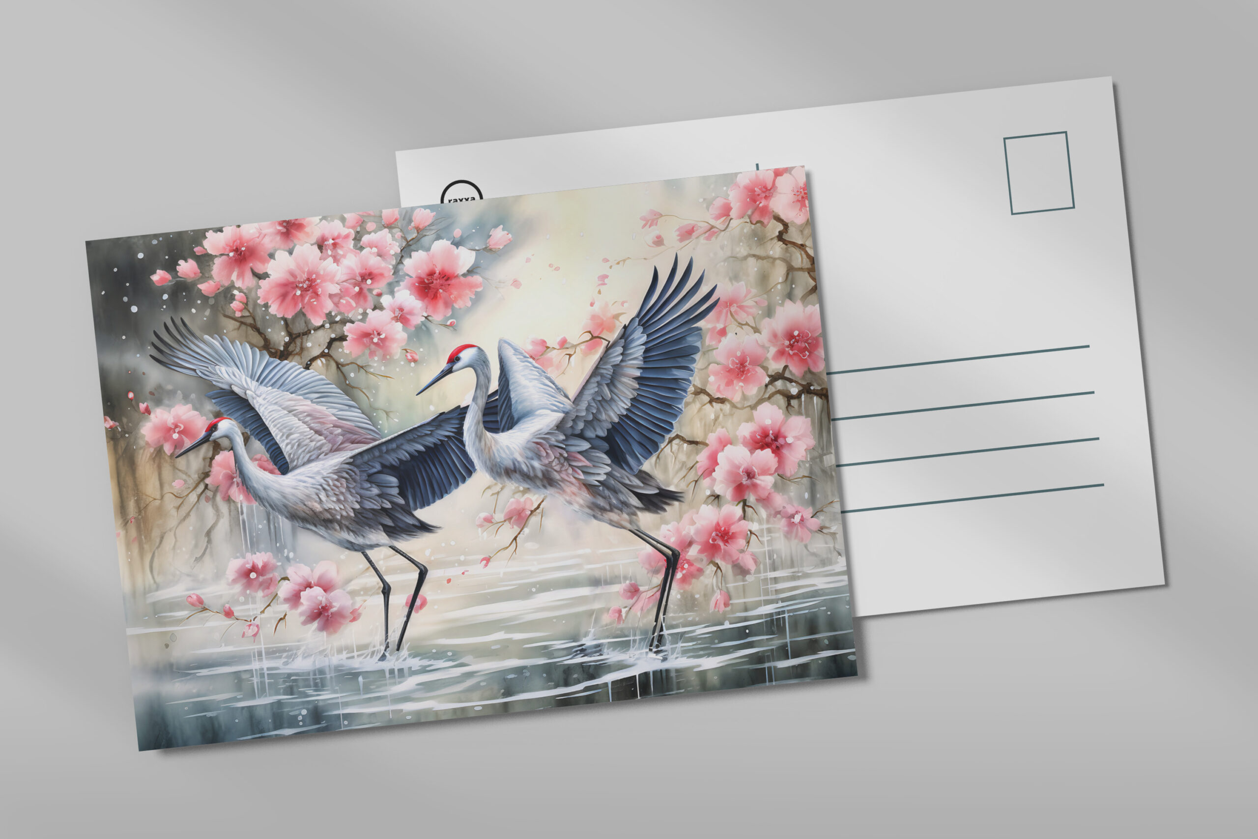 raxxa Postkarte: Cranes in water with floral reflections
