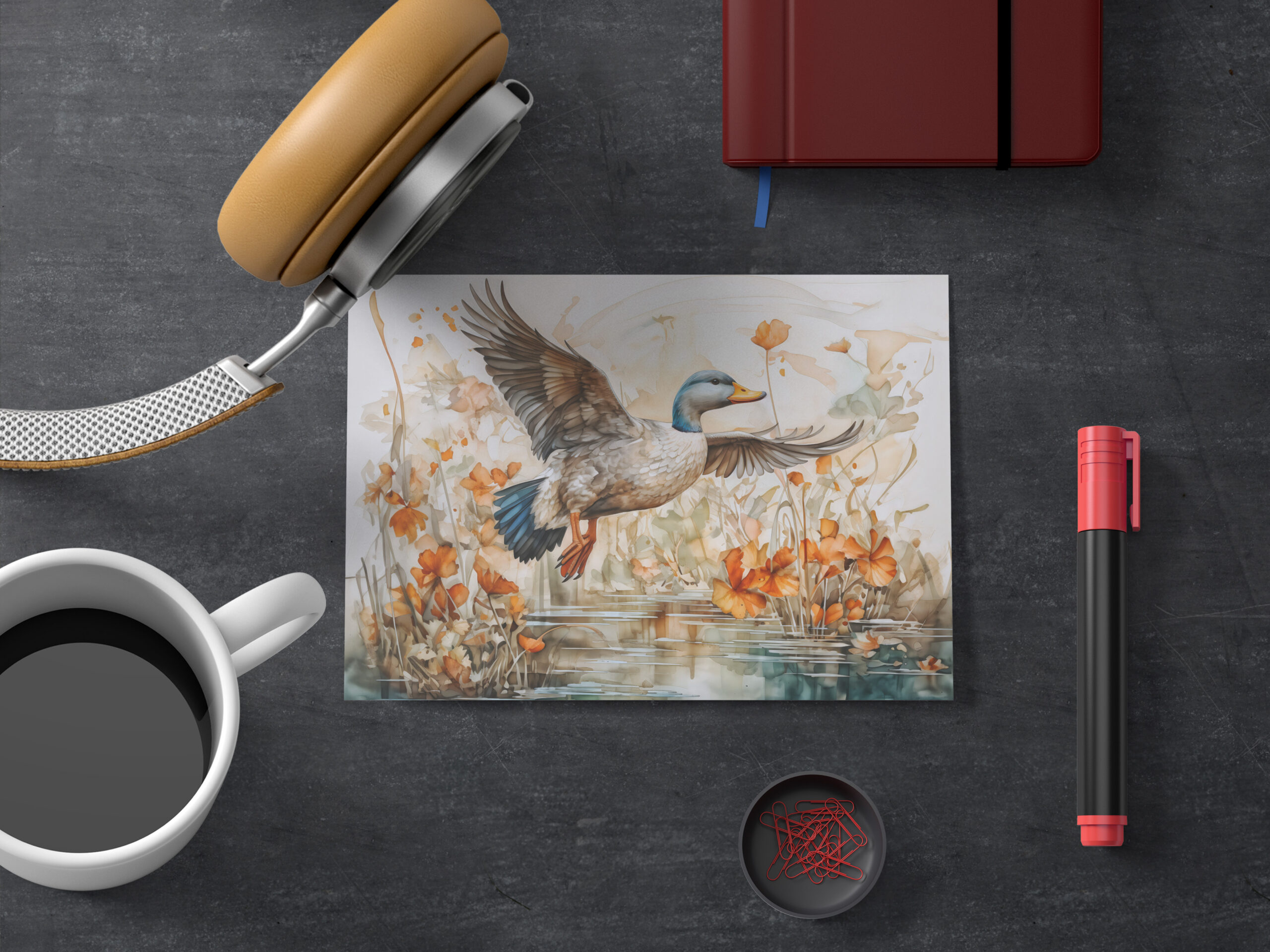 raxxa Postkarte: Mallard flying above pond with flowers