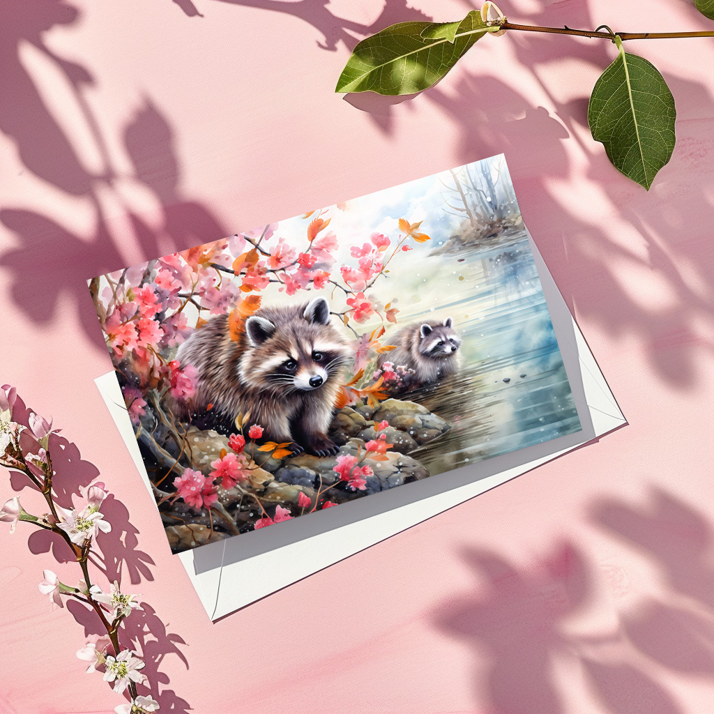 raxxa Postkarte: Raccoons near autumn pond scene