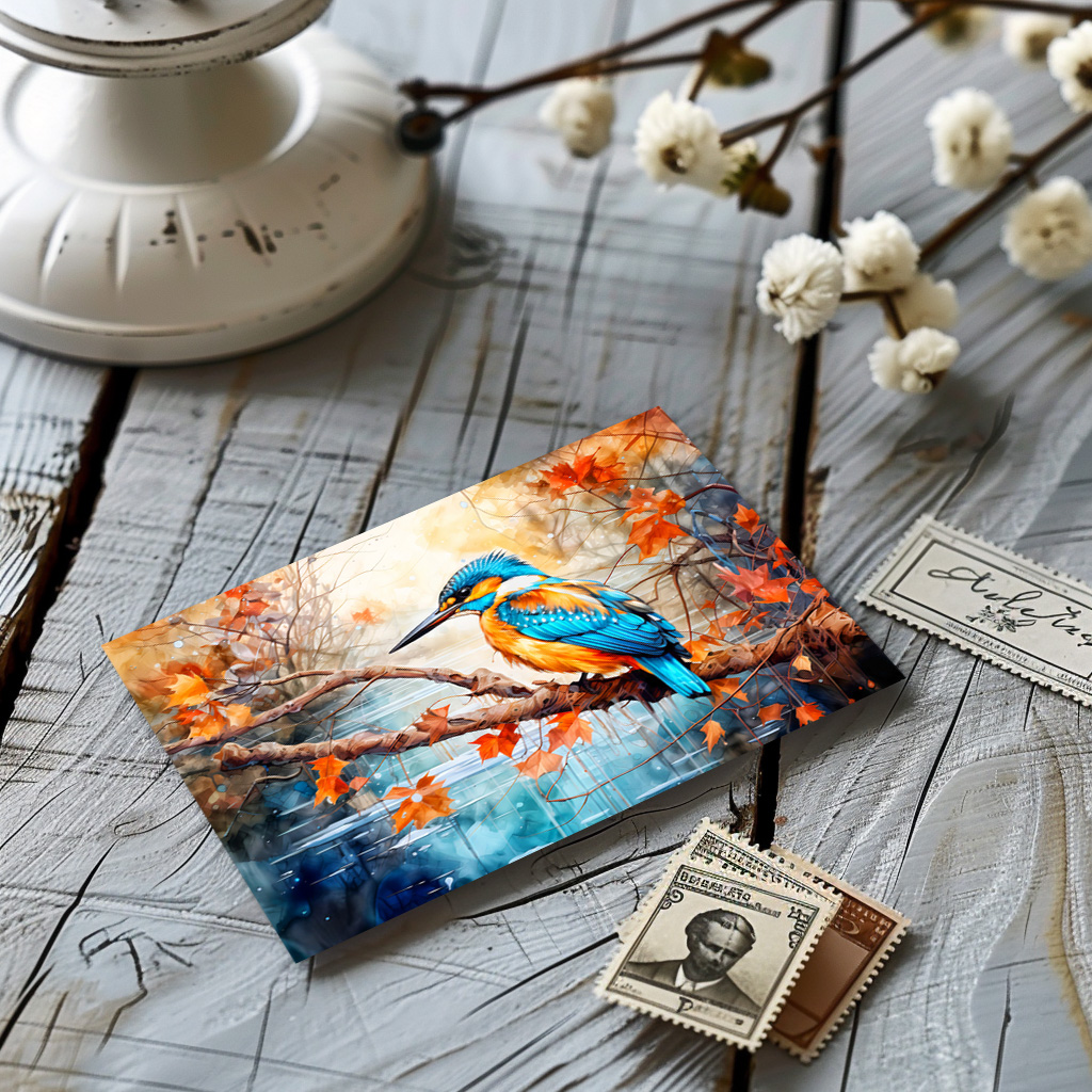 raxxa Postkarte: Kingfisher above pond in painterly style
