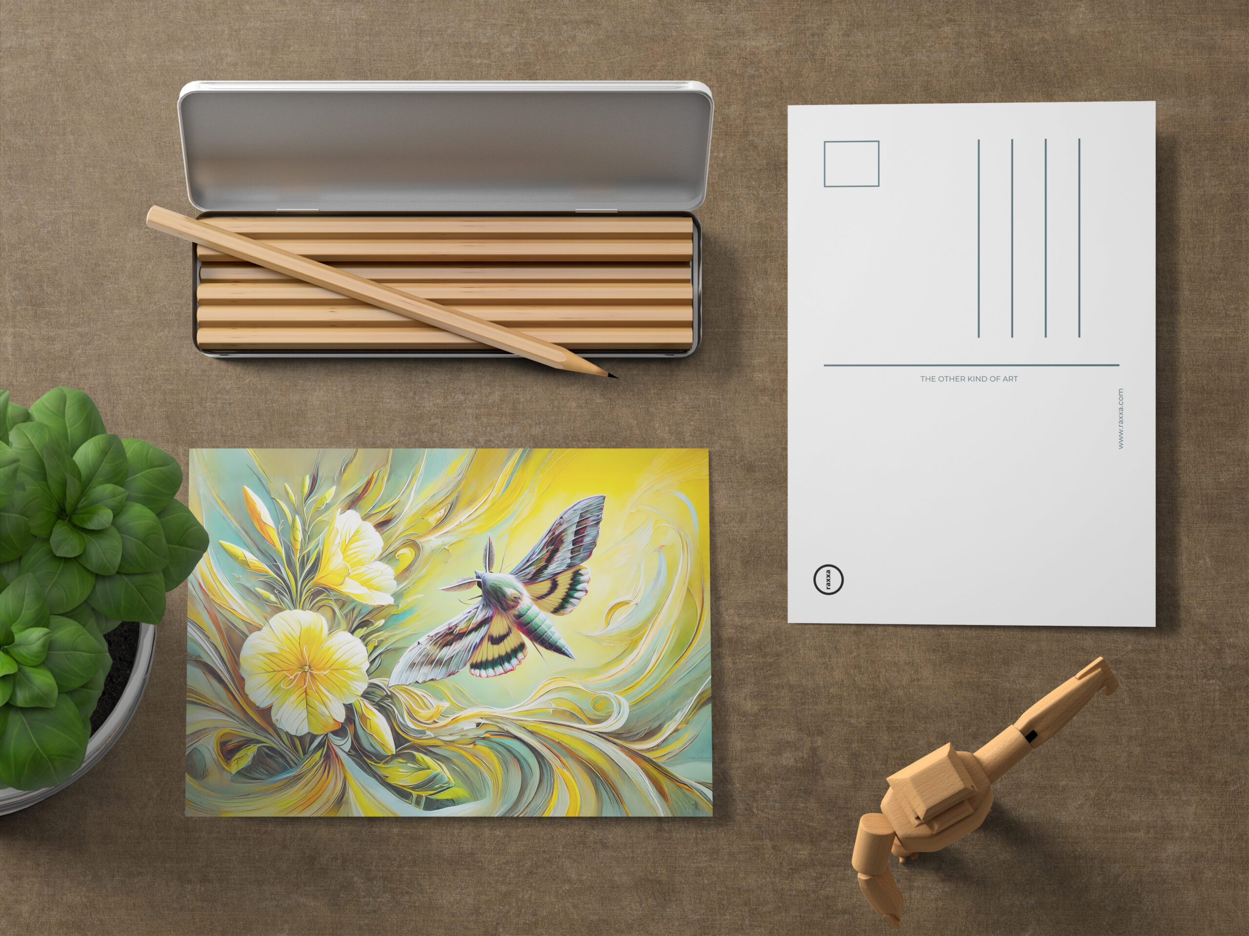 raxxa Postkarte: Silver Y Moth with Evening Primrose in Oil Painting