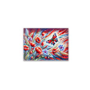 raxxa Glas-Magnet: Peacock Butterfly with Poppies and Cornflowers in Oil Painting