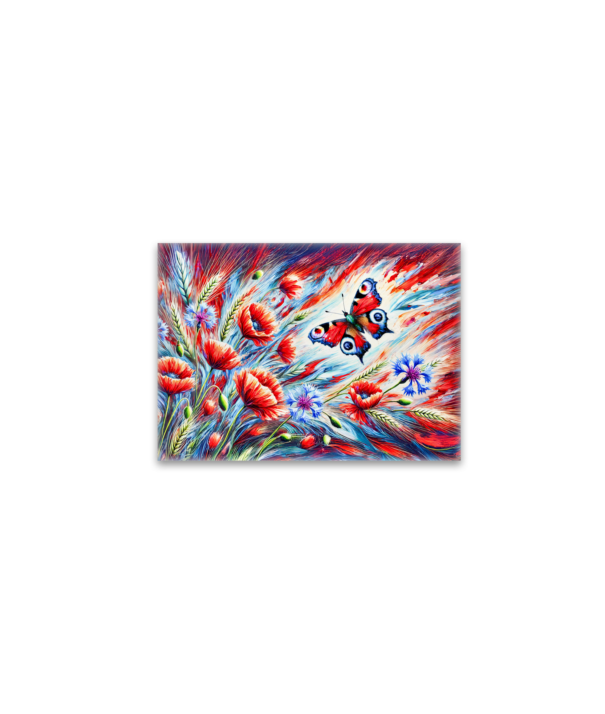 raxxa Glas-Magnet: Peacock Butterfly with Poppies and Cornflowers in Oil Painting