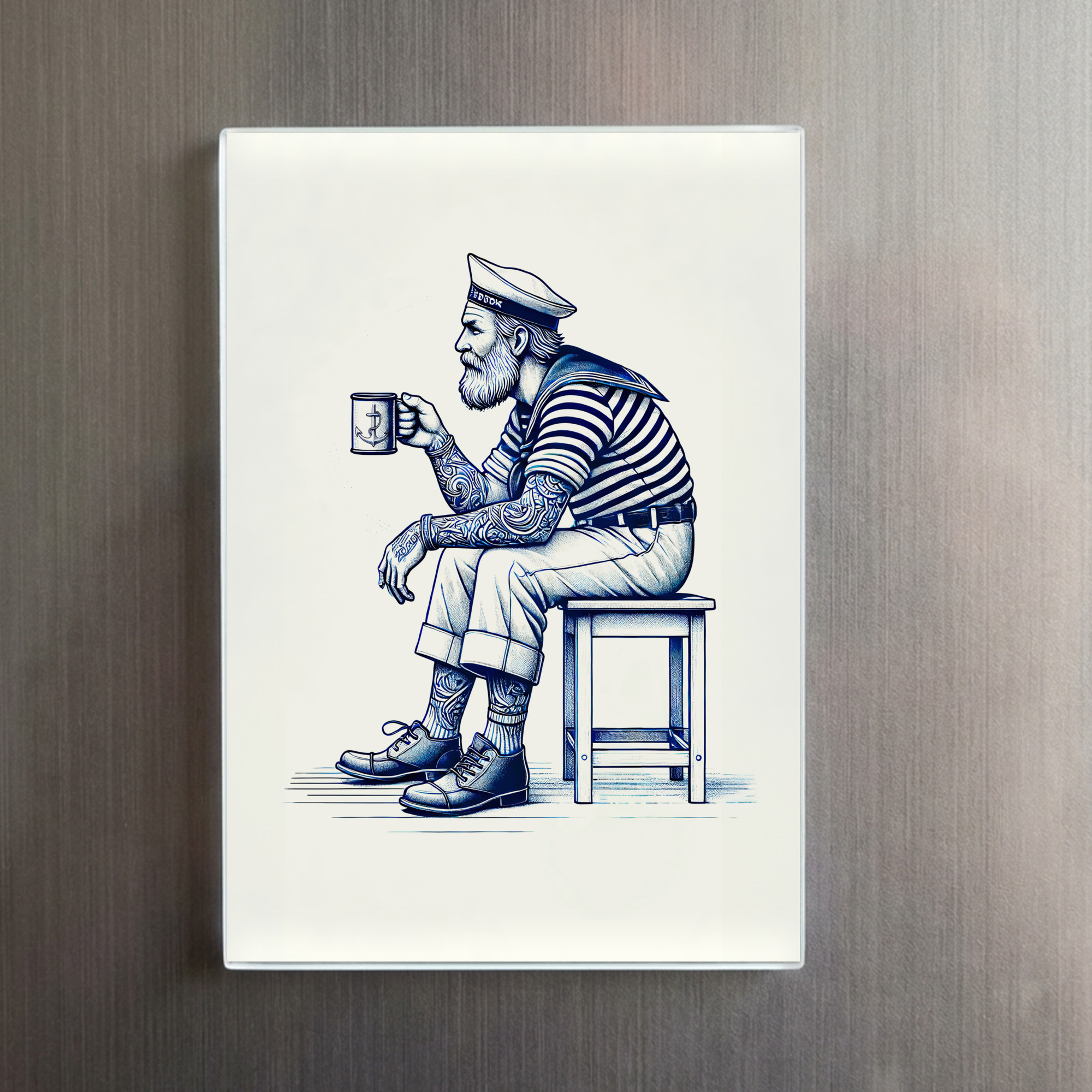raxxa Glas-Magnet: Vintage Illustration of a Sailor Drinking Coffee from a Tin Mug While Sitting on a Stool – Image 2