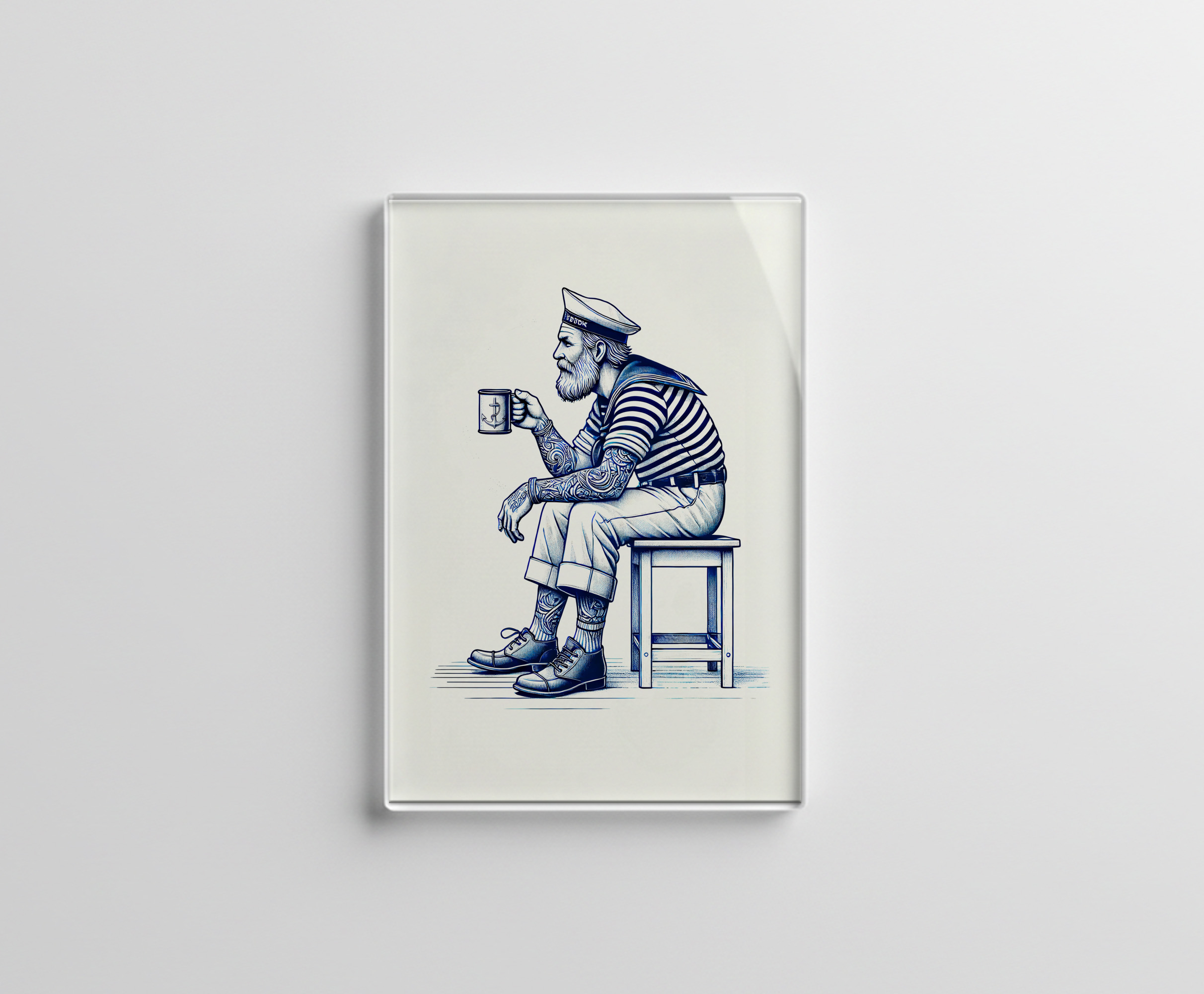 raxxa Glas-Magnet: Vintage Illustration of a Sailor Drinking Coffee from a Tin Mug While Sitting on a Stool