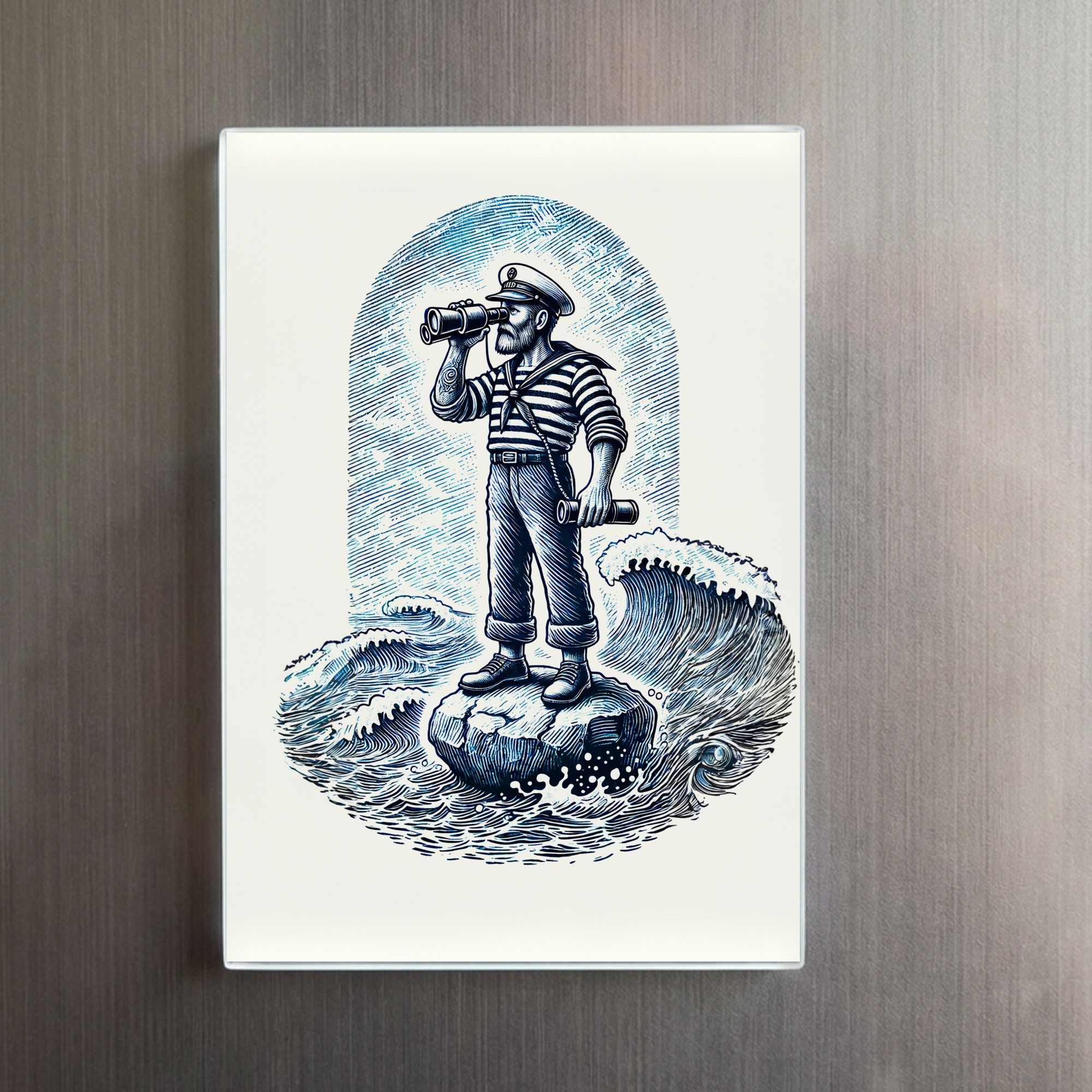raxxa Glas-Magnet: Vintage Illustration of a Sailor Standing on a Rock Looking Through Binoculars – Bild 2