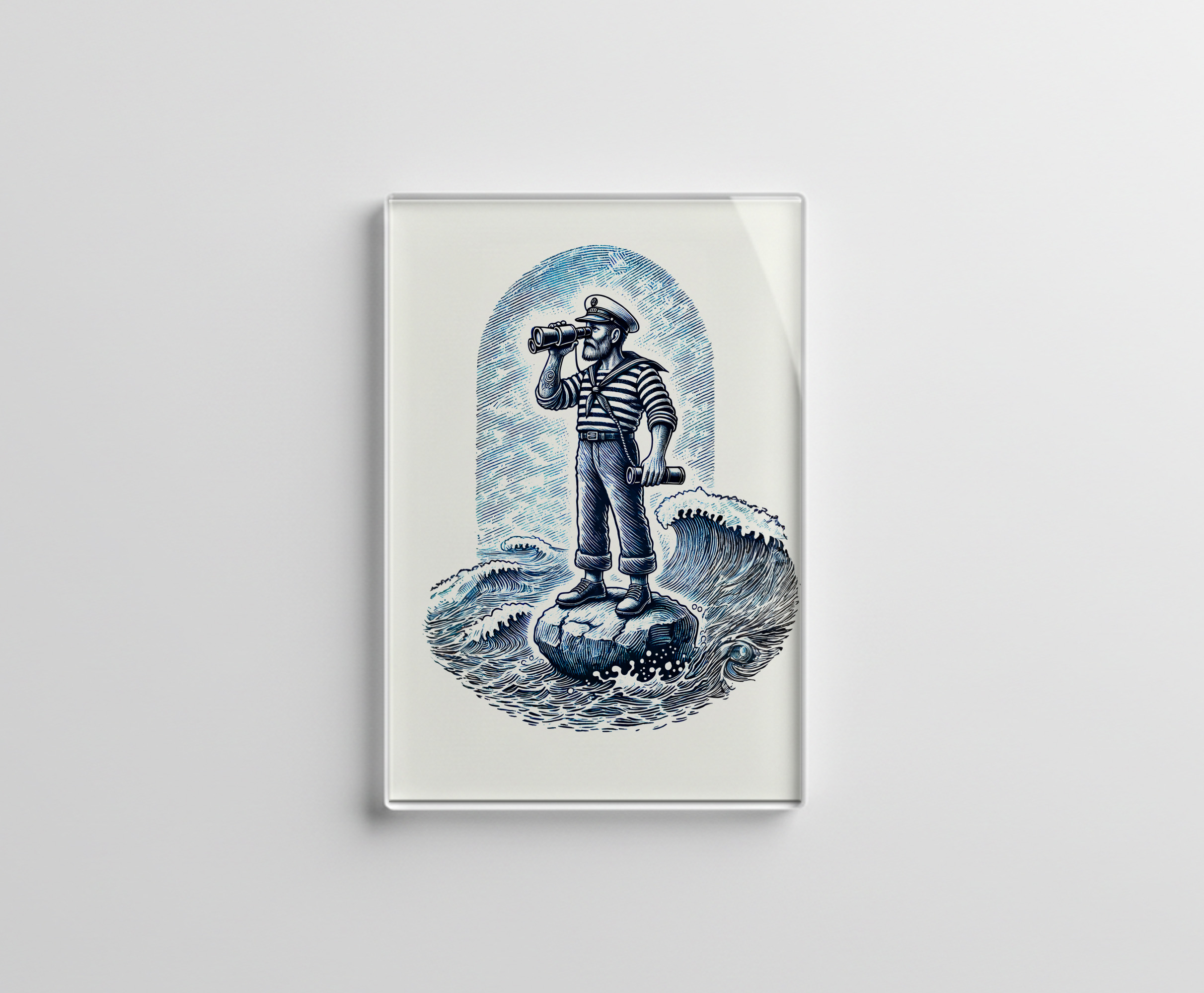 raxxa Glas-Magnet: Vintage Illustration of a Sailor Standing on a Rock Looking Through Binoculars