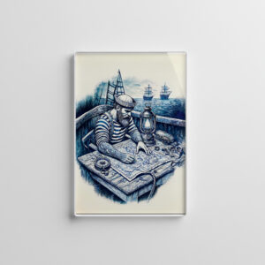 raxxa Glas-Magnet: Vintage Illustration of a Sailor Reading a Nautical Map on the Ship’s Deck