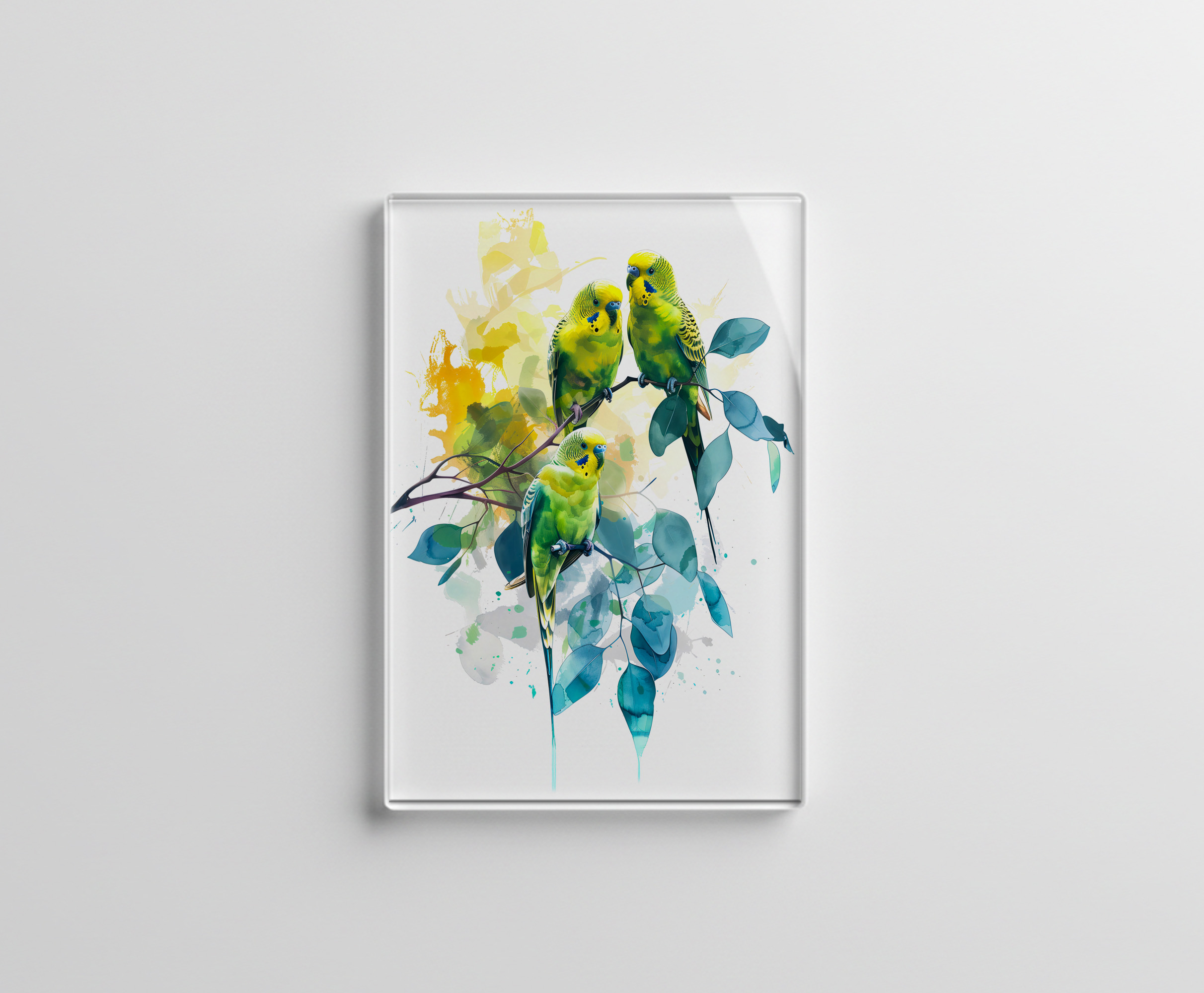 raxxa Glas-Magnet: Watercolor Budgerigars in Eucalyptus Tree