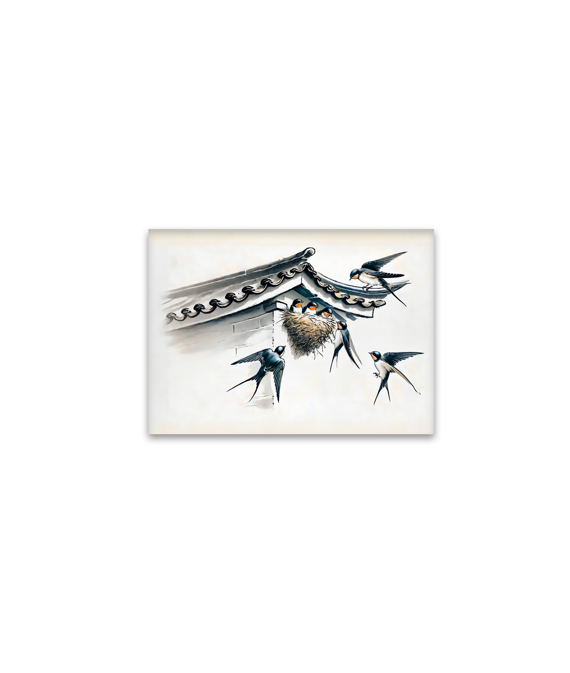 raxxa Glas-Magnet: Swallows Feeding Young in Nest in Chinese Ink Painting