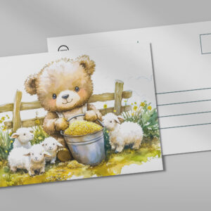 raxxa Postkarte: Teddy Bear Feeding Sheep on Farm