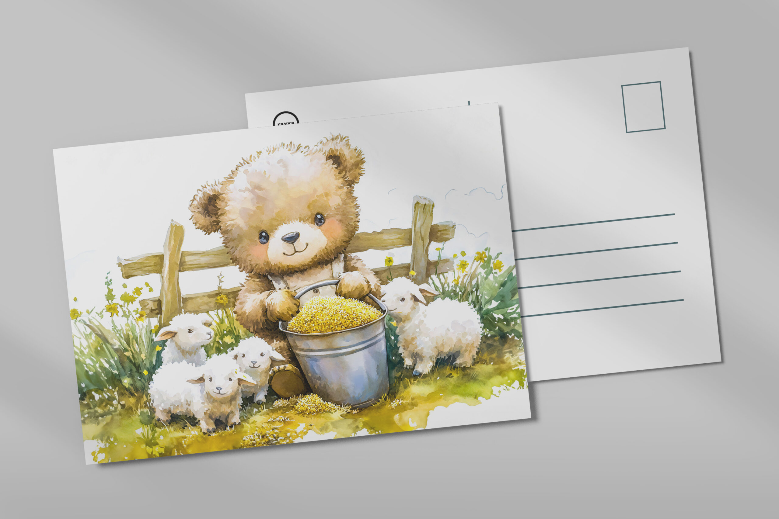 raxxa Postkarte: Teddy Bear Feeding Sheep on Farm
