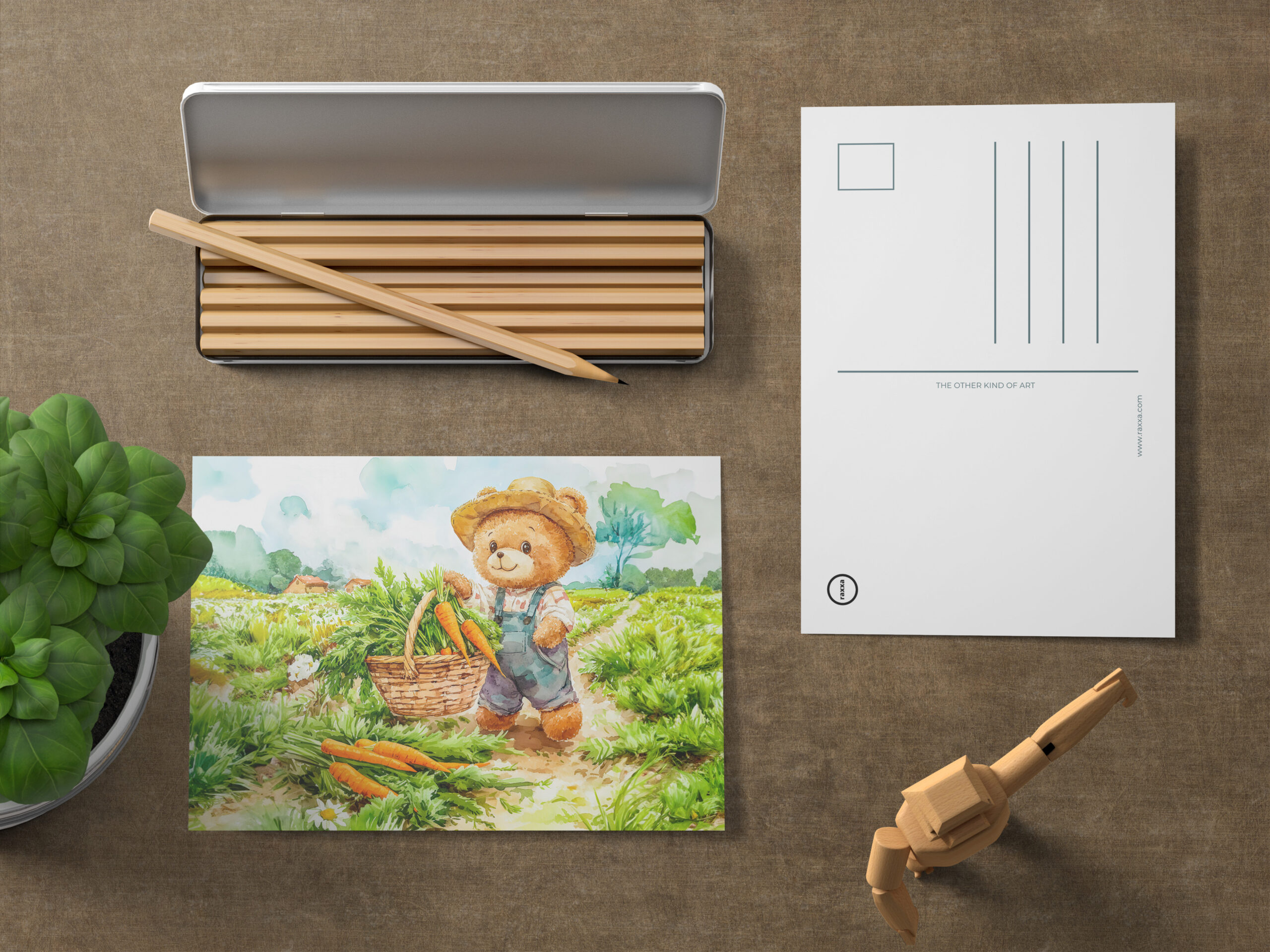 raxxa Postkarte: Teddy Bear Harvesting Carrots in a Field