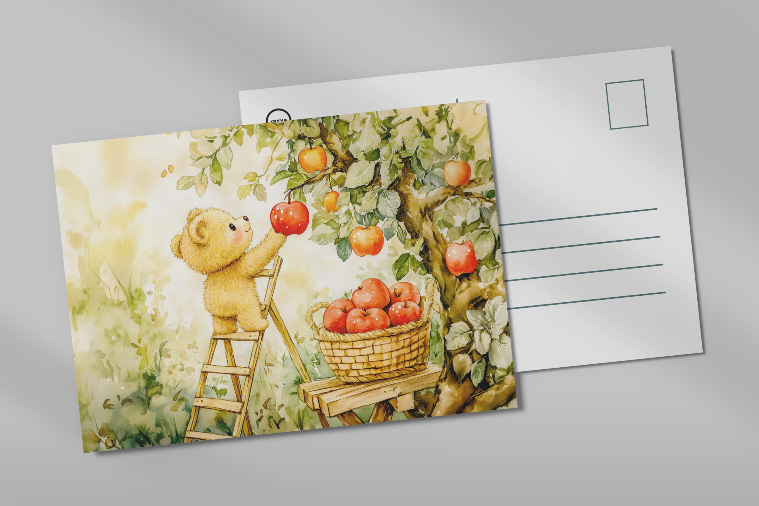 raxxa Postkarte: Teddy Bear Harvesting Apples with Ladder