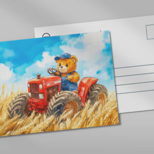raxxa Postkarte: Teddy Bear Driving a Tractor in Wheat Field