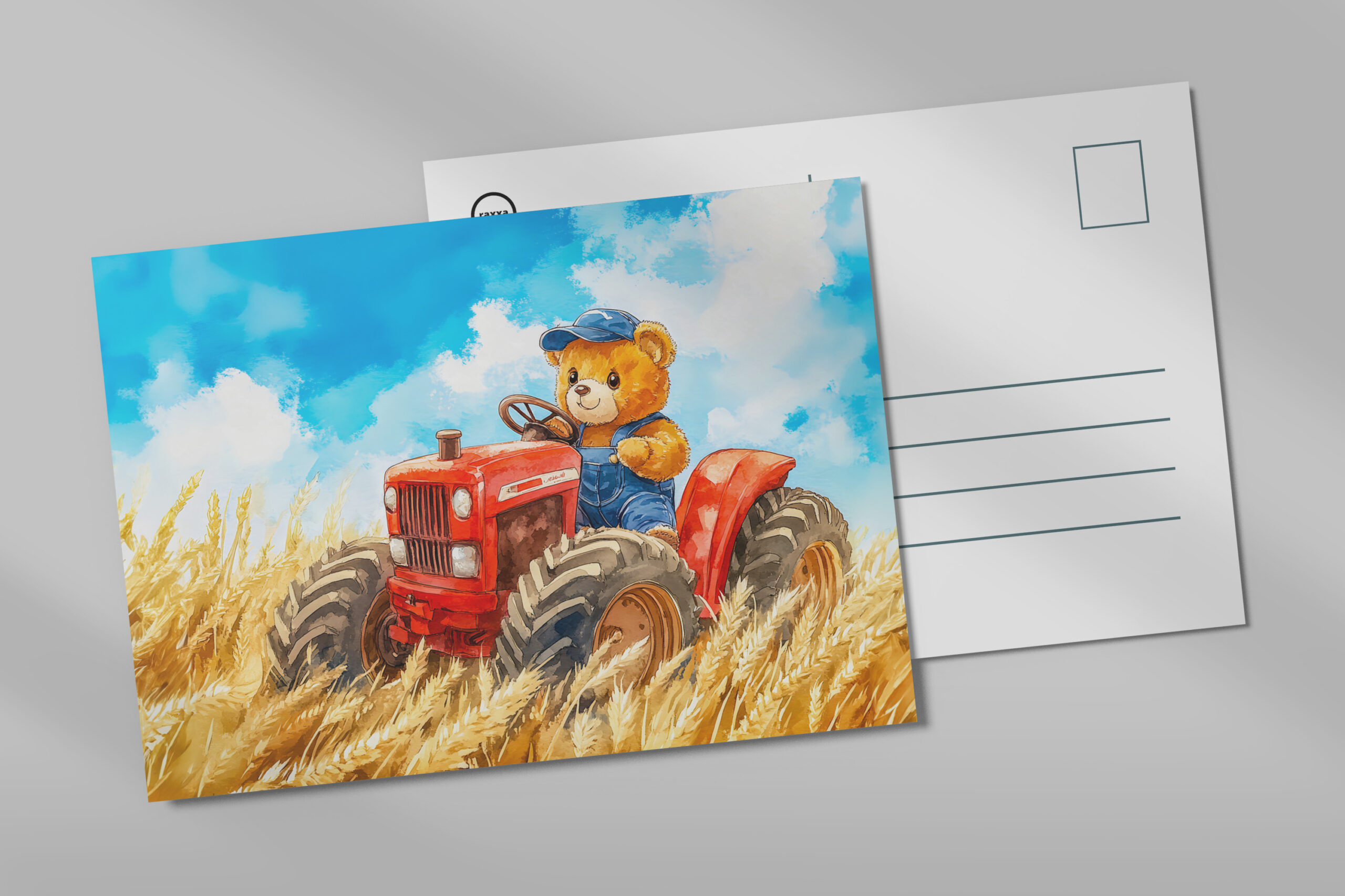 raxxa Postkarte: Teddy Bear Driving a Tractor in Wheat Field