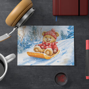 raxxa Postkarte: Teddy Bear Sledding Downhill in Winter