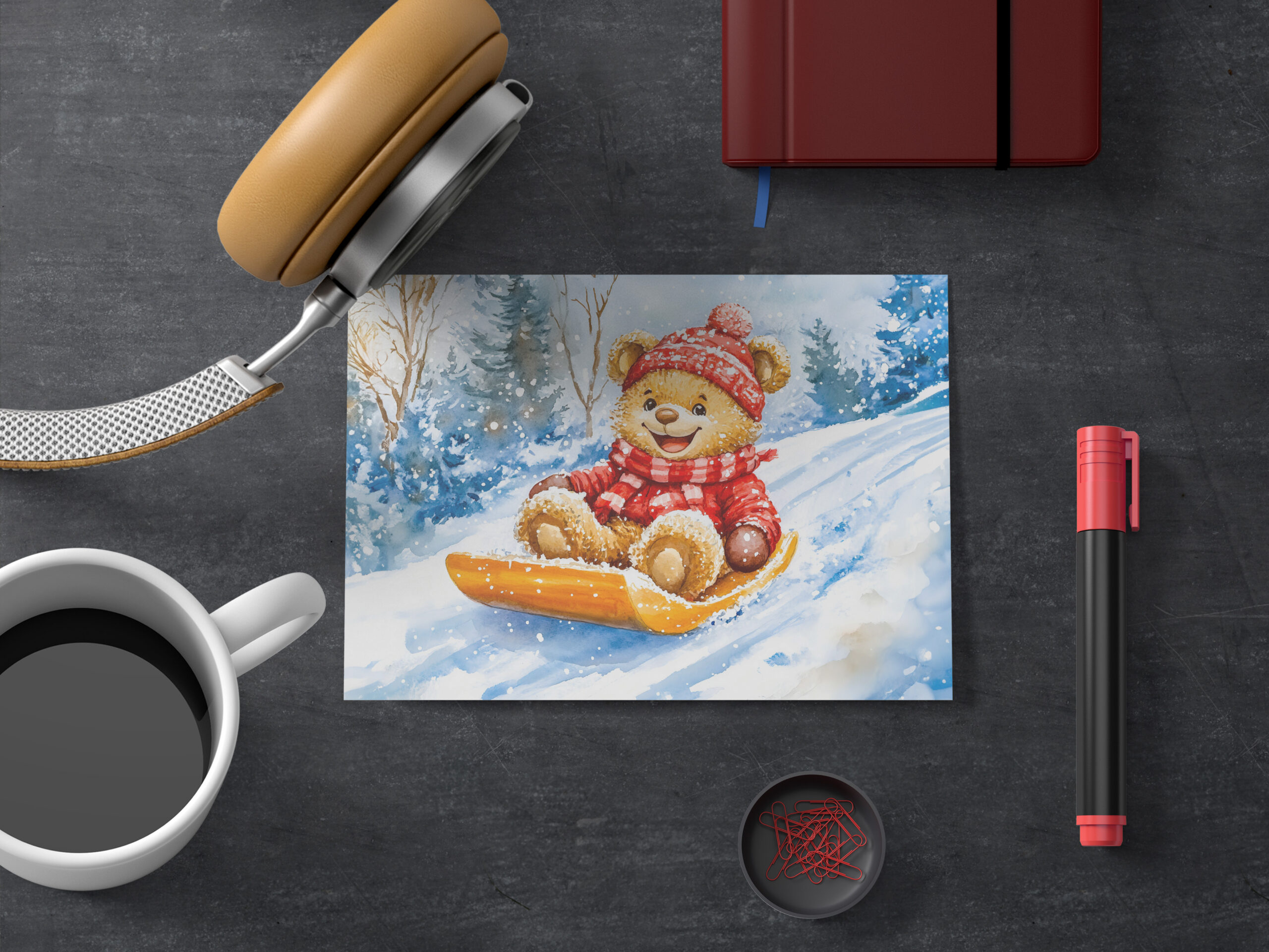 raxxa Postkarte: Teddy Bear Sledding Downhill in Winter