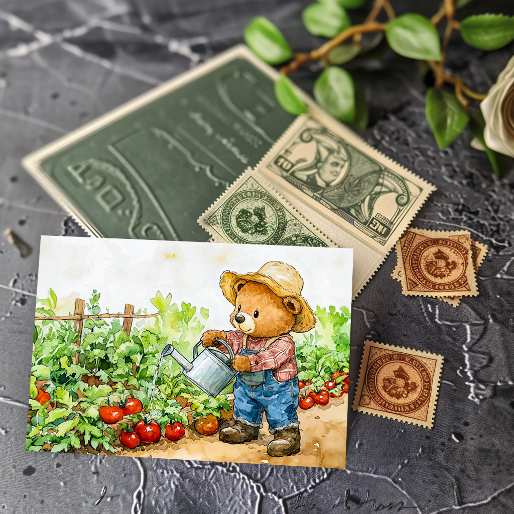 raxxa Postkarte: Teddy Bear Watering Tomato Plants