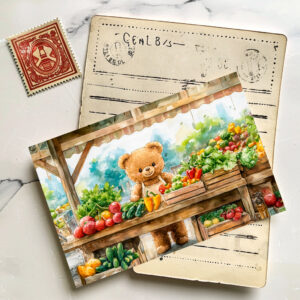 raxxa Postkarte: Teddy Bear Selling Fruit at Farmers Market