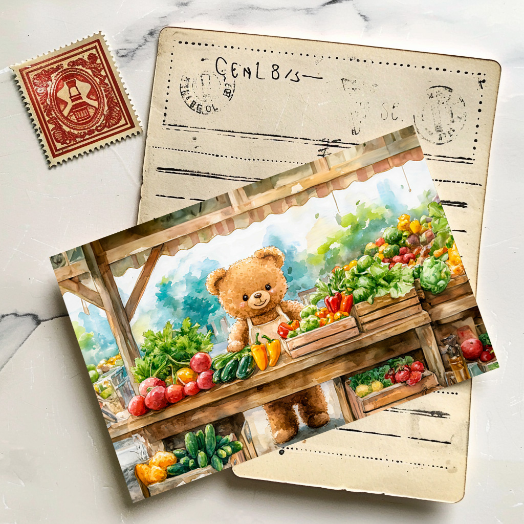raxxa Postkarte: Teddy Bear Selling Fruit at Farmers Market