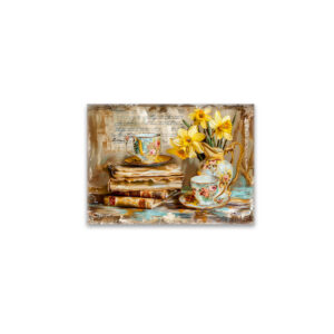 raxxa Glas-Magnet: Daffodils on a Stacked antique Book Collection