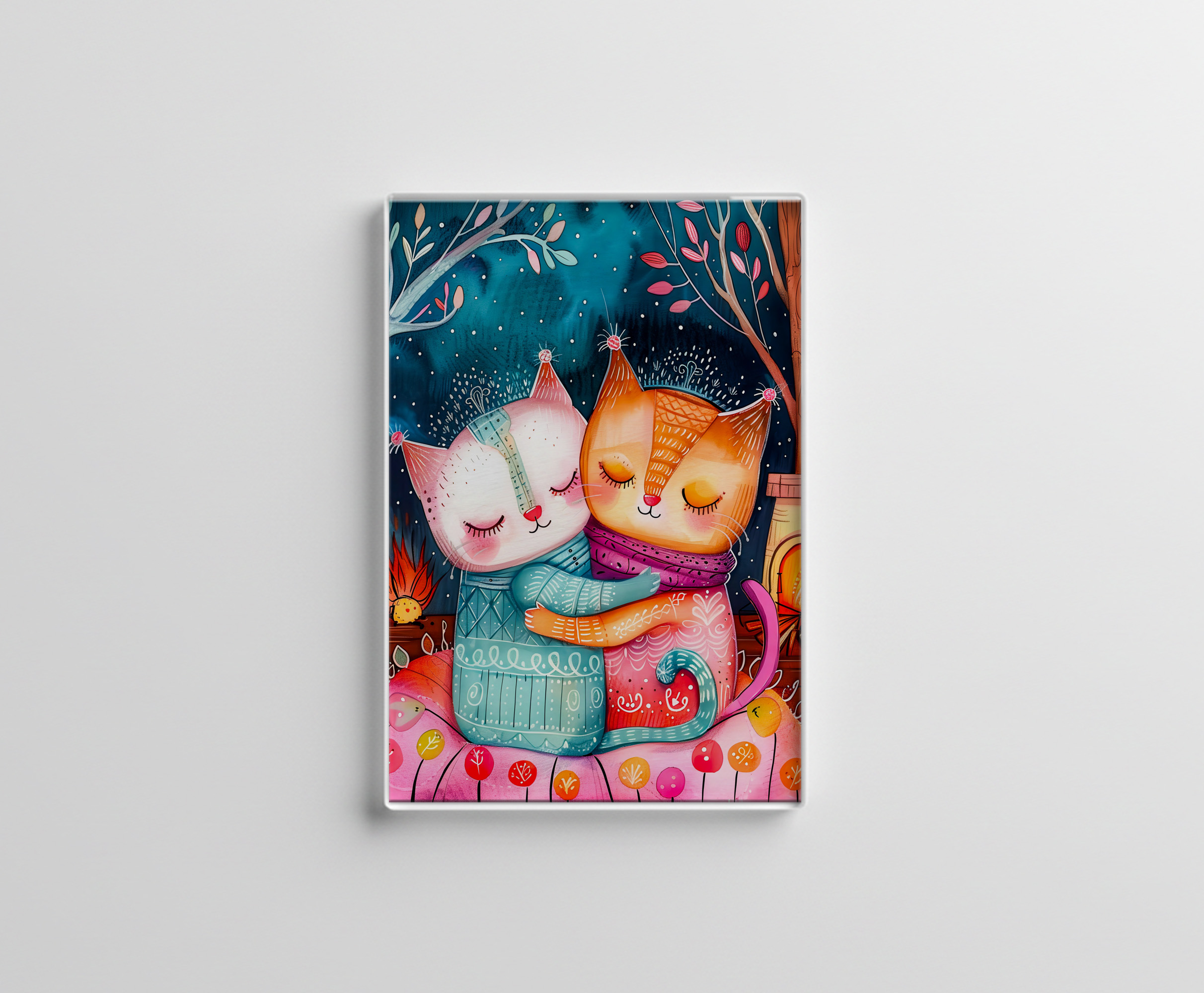 raxxa Glas-Magnet: Illustration of two cats hugging in a cozy setting
