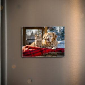 raxxa Glas-Magnet: Cozy Companions- Labrador and Gray Cat Snuggle on Blanket Amidst Snowfall