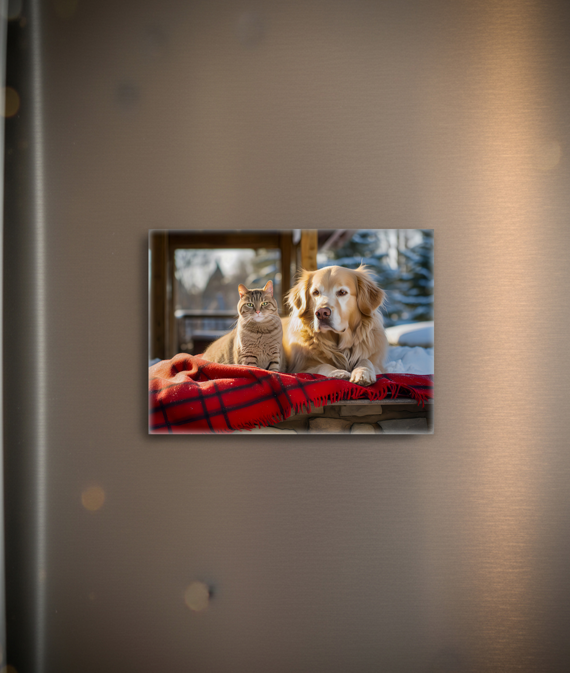 raxxa Glas-Magnet: Cozy Companions- Labrador and Gray Cat Snuggle on Blanket Amidst Snowfall