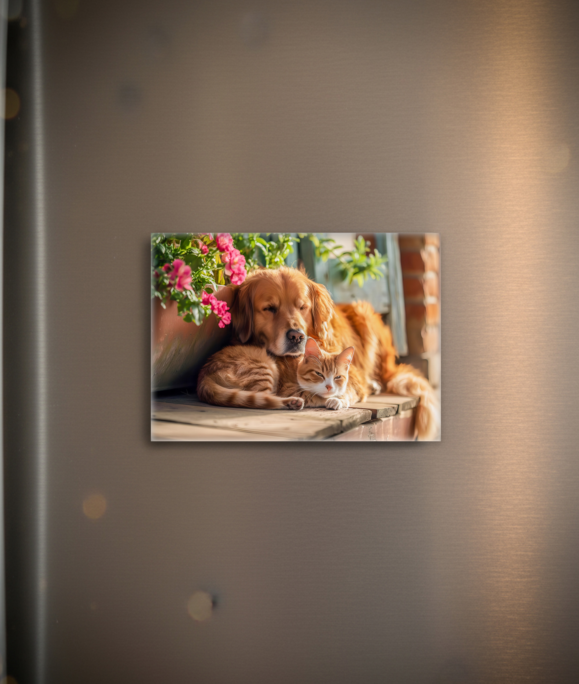 raxxa Glas-Magnet: Labrador and Red Cat Snooze Together by Flowerpots