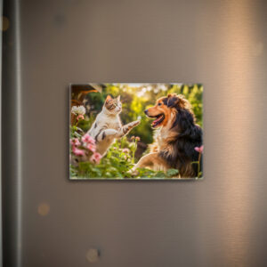 raxxa Glas-Magnet: Garden Playmates- Cat and Collie Dog Enjoying Playtime Together