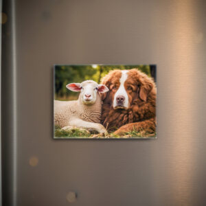 raxxa Glas-Magnet: Sheep and Shepherd Dog Sit Closely Together on Pasture