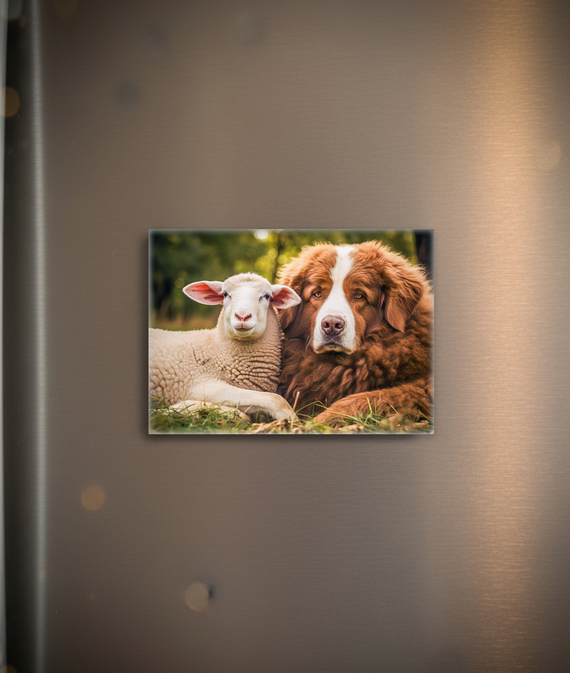 raxxa Glas-Magnet: Sheep and Shepherd Dog Sit Closely Together on Pasture
