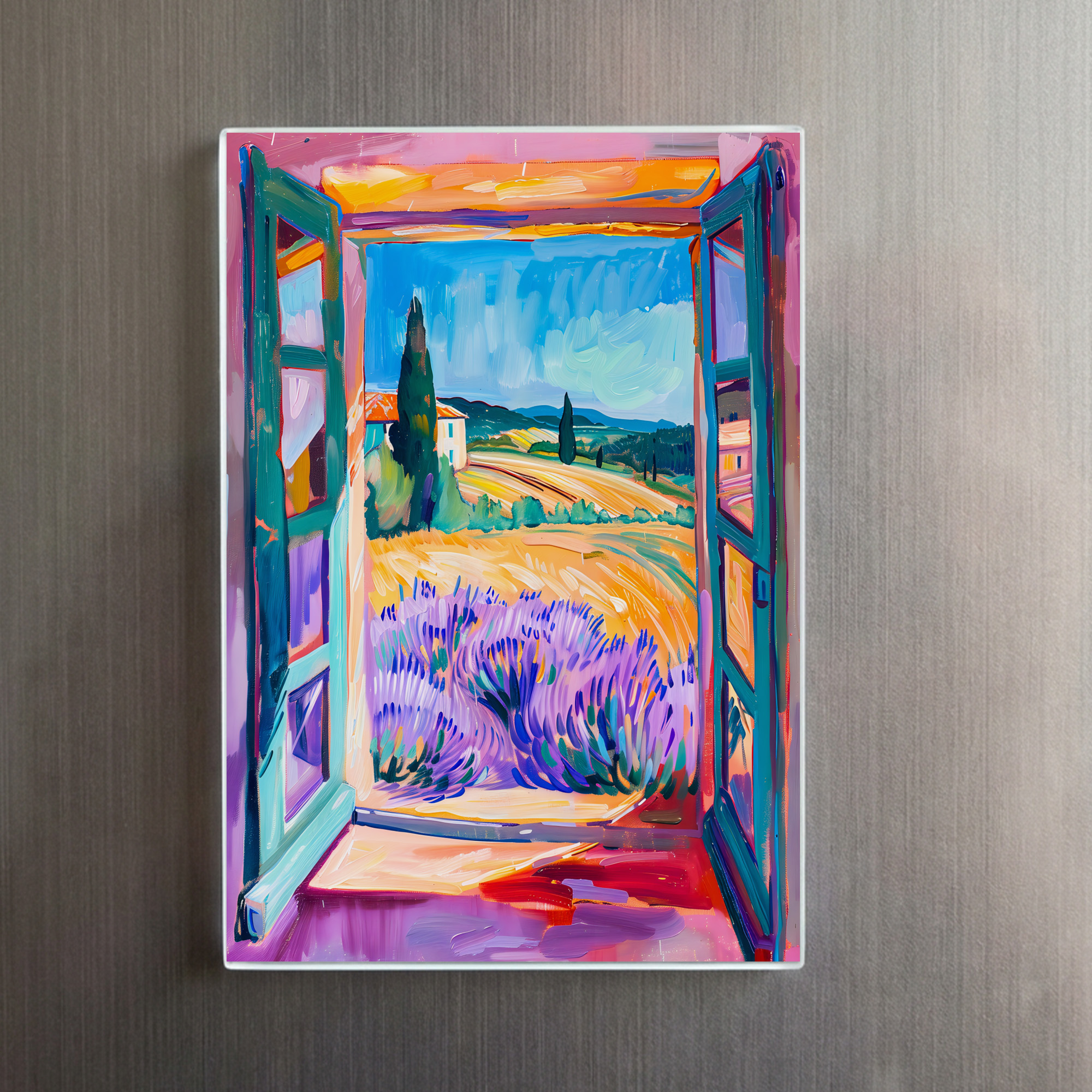 raxxa Glas-Magnet: Open French Doors Over Lavender Fields With Cypress Trees And Wheat - Image 2