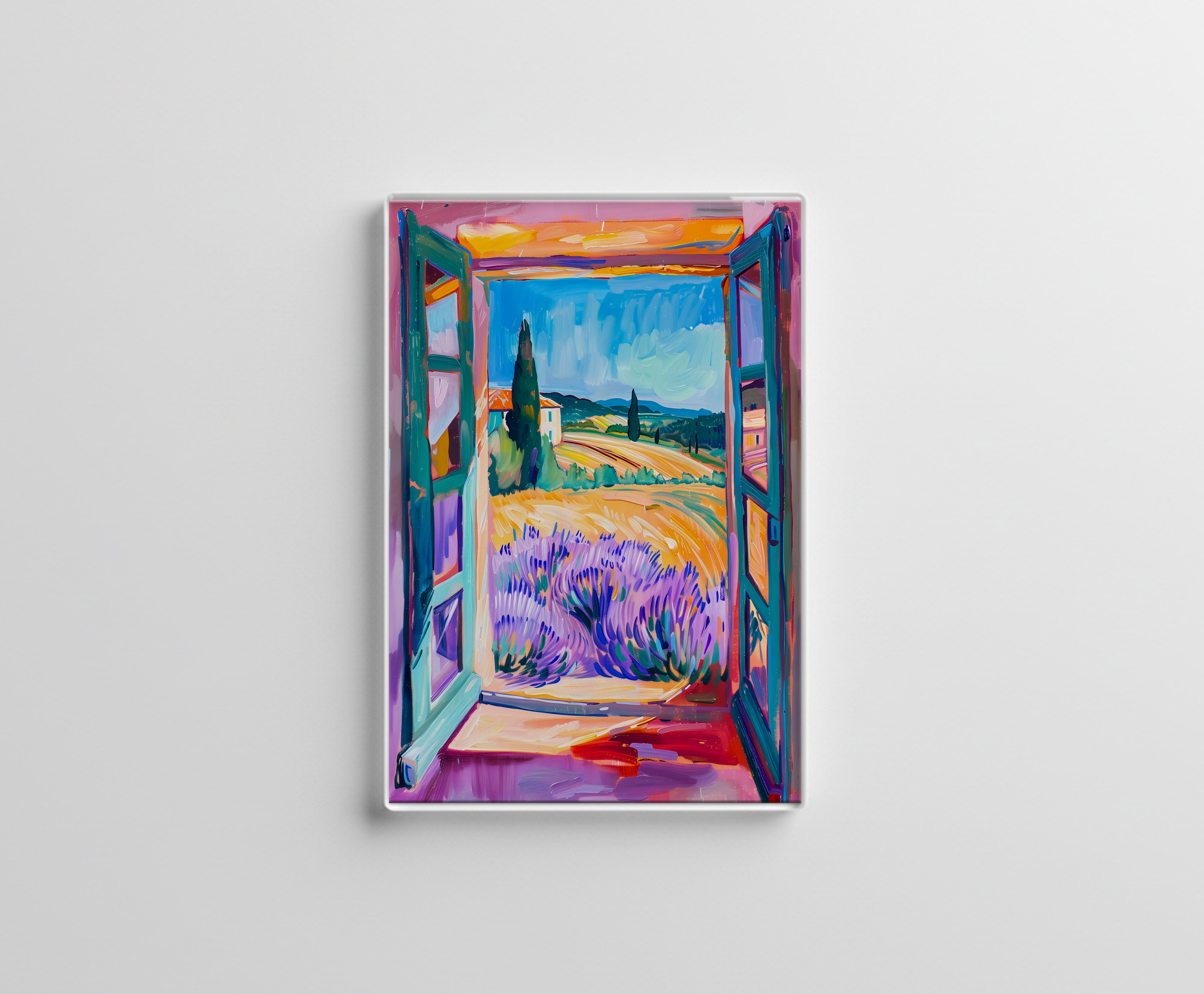 raxxa Glas-Magnet: Open French Doors Over Lavender Fields With Cypress Trees And Wheat