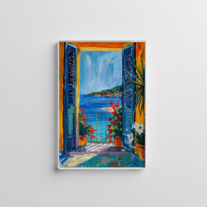 raxxa Glas-Magnet: Terrace Door View Toward Mediterranean Bay With Two Blooming Dipladenia Pots