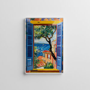 raxxa Glas-Magnet: Window View Toward Mediterranean Village Framed By Olive Tree And Coastal Bay