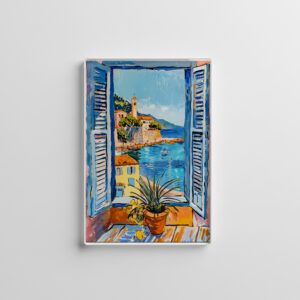 raxxa Glas-Magnet: Window View Toward Mediterranean Village Houses Over Calm Coastal Bay Landscape